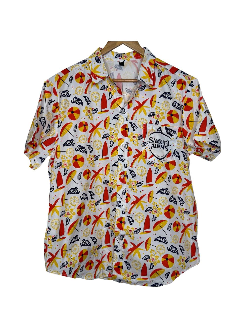 Samuel Adams Beer Cotton Aloha Hawaiian Allover Beach Theme Camp Shirt